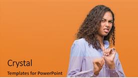  Presentation with young business woman smile show - Beautiful PPT theme featuring disgust face because aversion reaction backdrop and a gold colored foreground