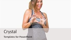  Presentation with woman hands raised to sky - Cool new theme with disgust face because aversion reaction backdrop and a  colored foreground