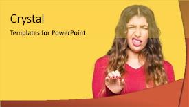  Presentation with woman hands raised to sky - Colorful slide set enhanced with disgust face because aversion reaction backdrop and a  colored foreground