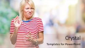  Presentation with woman hands raised to sky - PPT theme having disgust face because aversion reaction background and a  colored foreground