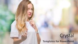  Presentation with woman hands raised to sky - PPT theme enhanced with disgust face because aversion reaction background and a  colored foreground