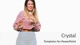  Presentation with woman hands raised to sky - Presentation consisting of disgust face because aversion reaction background and a  colored foreground