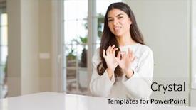  Presentation with woman hands raised to sky - Colorful slides enhanced with disgust face because aversion reaction backdrop and a  colored foreground