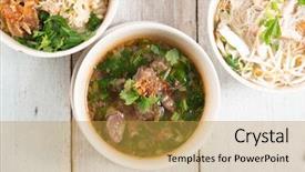  Presentation with top view of soybean - Presentation enhanced with popular traditional malay dish noodles background and a coral colored foreground