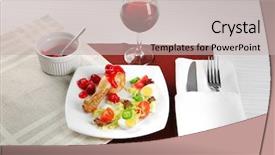  Presentation with table napkin - Slide deck consisting of dish of baked chicken leg and vegetable salad in white plate with glass of wine on table with napkin closeup background and a soft green colored foreground