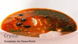  Presentation with lemon - Audience pleasing presentation theme consisting of dish of stewed meat soup with olives and lemon backdrop and a red colored foreground