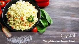  Presentation with vegetarian - Theme with dish of vegetarian rice on wooden background background and a gray colored foreground