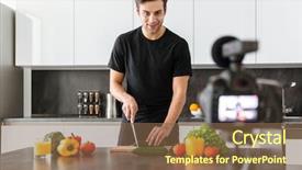  Presentation with blog - Colorful slide deck enhanced with dish tv - handsome young man filming his backdrop and a tawny brown colored foreground