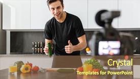  Presentation with gardening healthy food cooking - Slides consisting of dish tv - happy young man filming his background and a tawny brown colored foreground
