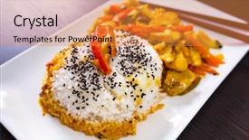  Presentation with chicken curry - Presentation having dish with chicken in green background and a gold colored foreground