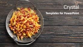  Presentation with bacon - Colorful slide set enhanced with dish with french fries and bacon on wooden background backdrop and a gray colored foreground