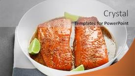  Presentation with salmon dish - Colorful slide deck enhanced with marinades - dish with salmon fillet backdrop and a light gray colored foreground