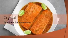 Presentation with salmon dish - Audience pleasing PPT layouts consisting of dish with salmon fillet in honey mustard marinade on table backdrop and a gold colored foreground