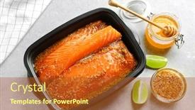  Presentation with salmon dish - PPT theme consisting of dish with salmon fillet in honey mustard marinade on table background and a red colored foreground
