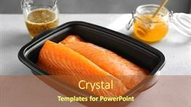  Presentation with salmon dish - Amazing PPT theme having dish with salmon fillet and honey mustard marinade on table backdrop and a red colored foreground