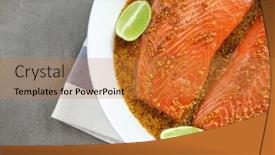  Presentation with salmon dish - Beautiful presentation featuring dish with salmon fillet in honey mustard marinade on table backdrop and a gold colored foreground