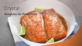  Presentation with salmon dish - Audience pleasing presentation theme consisting of dish with salmon fillet in honey mustard marinade on table backdrop and a mint green colored foreground