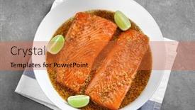  Presentation with salmon dish - Presentation theme featuring dish with salmon fillet in honey mustard marinade on table background and a red colored foreground