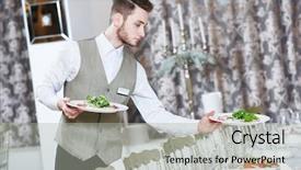  Presentation with catering - Cool new slide deck with dishes servicing during catering backdrop and a light gray colored foreground