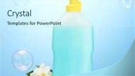  Presentation with dishwashing - Presentation theme having dishwashing liquid with sponges and lemon with flowers on blue background background and a cool aqua colored foreground