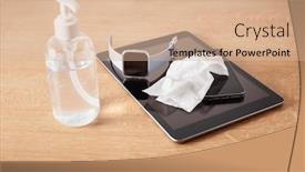  Presentation with germs - Slide deck having disinfecting-tablet-computer-smart-watch background and a coral colored foreground