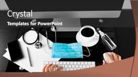  Presentation with antiseptic - Amazing PPT theme having disinfection-of-a-computer-keyboard backdrop and a dark gray colored foreground