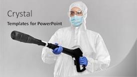  Presentation with medical service - Amazing PPT theme having disinfection-service-and-pandemic-concept backdrop and a light gray colored foreground