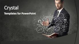  Presentation with medival book - Slide set having disiplin design - businessman holding book with doodle background and a dark gray colored foreground