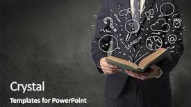  Presentation with song liric book - Presentation design having disiplin design - businessman holding book with doodle background and a  colored foreground