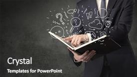  Presentation with storybook pop up book - Slide deck having disiplin design - businessman holding book with doodle background and a  colored foreground