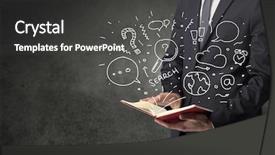  Presentation with maths doodle - Audience pleasing presentation design consisting of disiplin design - businessman holding book with doodle backdrop and a dark gray colored foreground