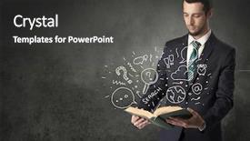  Presentation with e book reader - PPT theme with disiplin design - businessman holding book with doodle background and a dark gray colored foreground