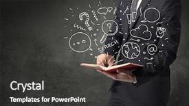  Presentation with storybook pop up book - Cool new PPT theme with disiplin design - businessman holding book with doodle backdrop and a dark gray colored foreground