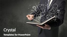  Presentation with song liric book - Cool new slide deck with disiplin design - businessman holding book with doodle backdrop and a  colored foreground