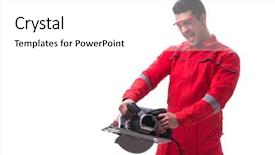  Presentation with woodworking - Presentation with disk - male carpenter with circular saw background and a white colored foreground