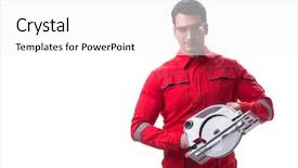  Presentation with woodworking - Colorful slide deck enhanced with disk - male carpenter with circular saw backdrop and a white colored foreground