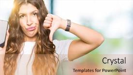  Presentation with weight loss woman showing - Presentation theme consisting of dislike with thumbs down rejection background and a coral colored foreground