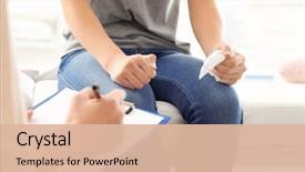  Presentation with upset - PPT theme enhanced with tissue disorders - upset young woman at psychologist's background and a lemonade colored foreground