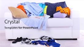  Presentation with hologram mesh human male - Presentation theme with disorganized - messy colorful male clothing background and a sky blue colored foreground