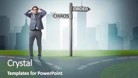  Presentation with choice - Presentation theme having disorganized communication - businessman in difficult choice concept background and a  colored foreground