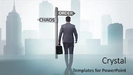  Presentation with choice - PPT theme having disorganized communication - businessman in difficult choice concept background and a light blue colored foreground