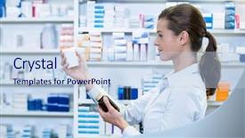  Presentation with drug pharmacy - Beautiful PPT layouts featuring dispensary - pharmacist checking a bottle backdrop and a light blue colored foreground