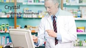  Presentation with pharmacist - Cool new slide deck with dispensary - pharmacist using a desktop computer backdrop and a light blue colored foreground