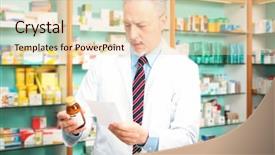  Presentation with pharmacist - Theme with dispensary - senior pharmacist taking a bottle background and a  colored foreground
