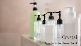  Presentation with bottle - Cool new theme with dispenser bottles in a row kept on rack in bathroom close up of multiple shampoo soap and body lotion bottles on marble at spa bottle of soap and liquid in bathroom backdrop and a light gray colored foreground