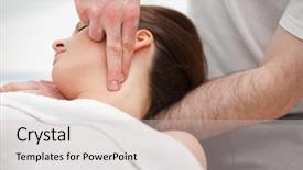  Presentation with doctor helps to get out of bed an elderly woman - Theme having displacement - doctor manipulating the neck background and a soft green colored foreground