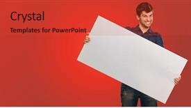  Presentation with red banner - Presentation theme consisting of display boards - young man holding banner gesturing background and a  colored foreground
