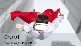  Presentation with virtual reality - Slide set consisting of display courage - businessman superhero wearing virtual reality background and a  colored foreground