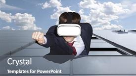  Presentation with virtual reality therapy - Audience pleasing PPT theme consisting of display courage - businessman superhero wearing virtual reality backdrop and a gray colored foreground