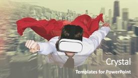  Presentation with virtual reality - Presentation design featuring display courage - businessman superhero wearing virtual reality background and a  colored foreground